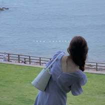 HEYGIRL black brother waist slim temperament dress female Korean version loose bubble sleeve V-neck long skirt 2020 summer