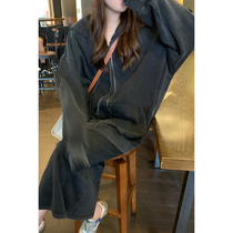 HEYGIRL black brother design sense OS loose zipper sweater suit women Autumn split skirt skirt pair pair