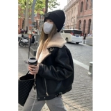 Heygirl Black Brother Boston Evening News Big Lape Mao Mao Splicing Motorcle Service Женский зимний ветровый стек и теплый кожаный курт