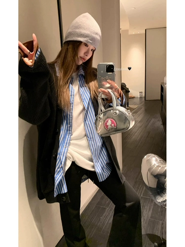 Heygirl Black Brother Edinburgh замшевая клетчатая клетка+полосатая контрастная цветовая рубашка Женская осень дикая длинная рубашка