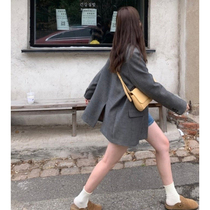 HEYGIRL black elder Korean version of High sense variegated color Qingdao gray blazer jacket early Autumn New temperament slim coat