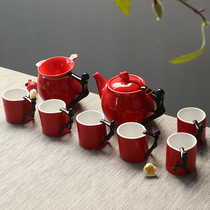 DeHua ceramic Chinese style personality kung fu tea set red glaze black handle oblique teapot oblique tea cup tea set gift box packaging
