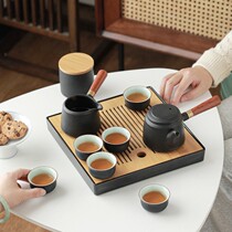 Solid wood handle double-sided teapot tea pot set of Japanese kung fu tea set with square bamboo noodles storage water tea tray