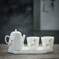 Intangible Heritage Master Kung Fu Tea Set Hand-painted Gold Sheep Jade Porcine White Porcelain Teapot Tea Cup Ceramic Tea Plate