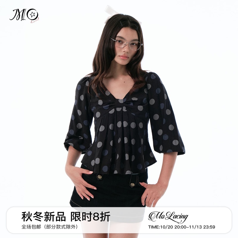 Molacing Retro Large Polka Dot Print Three-Quarter Sleeve Shirt Top with Stereo Bow Puff Sleeves V Neck Jacket Molacing Retro Large Polka Dot Print Three-Quarter Sleeve Shirt Top with Stereo Bow Puff Sleeves V Neck Jacket