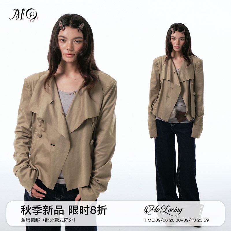 Molacing Retro Casual Suede Double-Breasted Jacket with Raw Hem, Slim Fit, Bell Sleeves, Women's Jacket