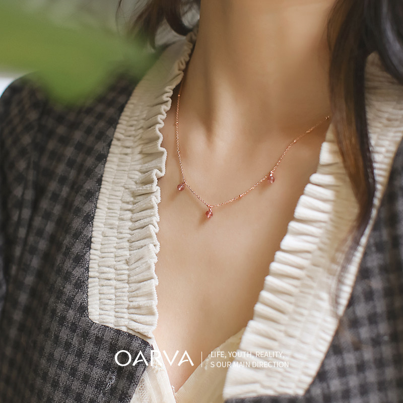OARVA natural pink crystal necklace female niche ins design strawberry crystal age-reducing sterling silver clavicle chain pendant temperament