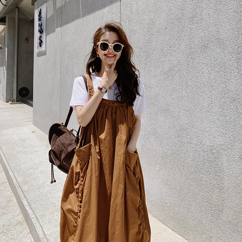 Plus-Size Suspender Skirt Set for Women, Summer Loose Fit for Pregnant Women, Conceals Belly and Hides Fat, Slimming Suspender Dress Two-Piece Set