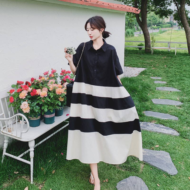 Super Slimming Plus-Size Dress for Women, Summer, for Fat Girls, Extra Large Size, 100kg Loose-Fitting Patchwork Long Shirt Dress