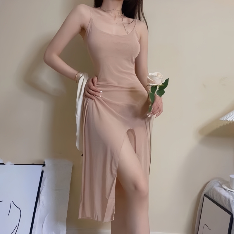 Faintly Visible Lace Mesh Ultra-Thin Pure Desire Sleepwear for Women, Sexy Camisole with Slit Gauze Dress, Home Sleep Dress for Women Faintly Visible Lace Mesh Ultra-Thin Pure Desire Sleepwear for Women, Sexy Camisole with Slit Gauze Dress, Home Sleep Dress for Women