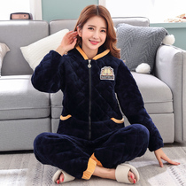 Long sleeve cotton pajamas womens winter thickened three-layer cotton-padded jacket sexy fat MM plus size hooded zipper student suit