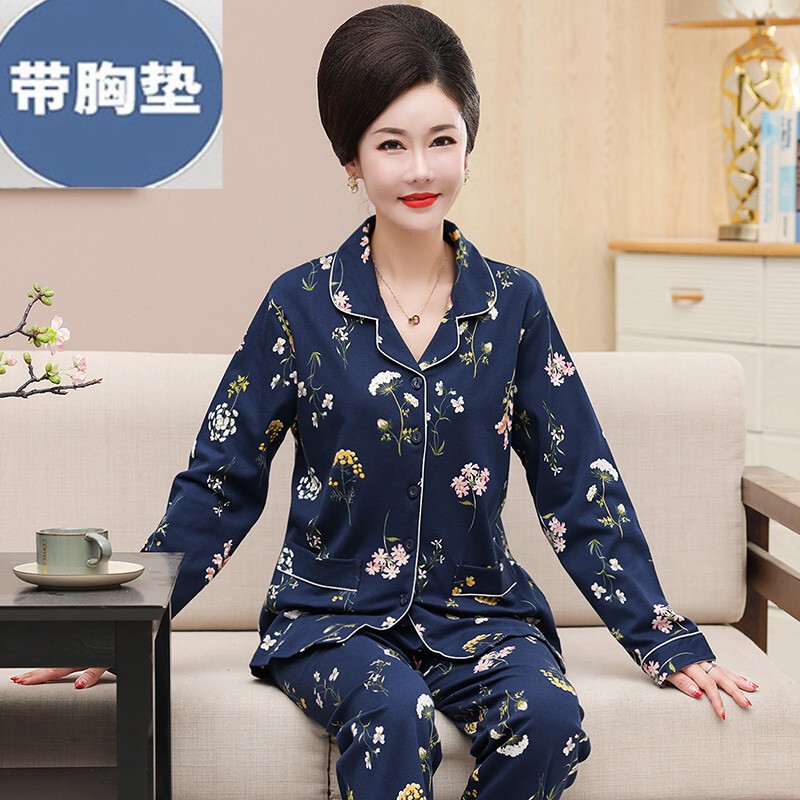 Dark-Colored Padded Pajamas for Women, Long-Sleeved, Long Pants, Pure Cotton, Spring and Autumn Thin Cardigan, Plus Size, Middle-Aged and Elderly Set