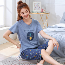 Pajamas female summer size fat mm sexy mid-sleeve 7-point pants thin cotton 200kg loose knee two-piece set