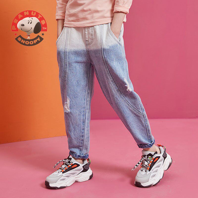 Snoopy girls' pants middle-aged children's color-blocking Western-style pants 2021 new daddy pants all-match Korean version of denim trousers