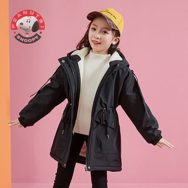 Snoopy girl's new style plus velvet thick cotton clothes middle-aged children's foreign style children's waist-length version lamb velvet cotton clothes