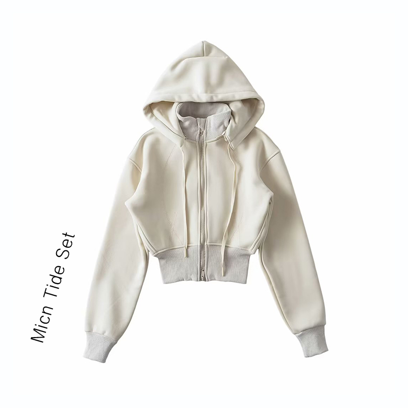 Micn Detachable Hooded Short Sports Sweatshirt for Women, New Autumn and Winter Fleece-Lined Zip-Up Short Cardigan Jacket