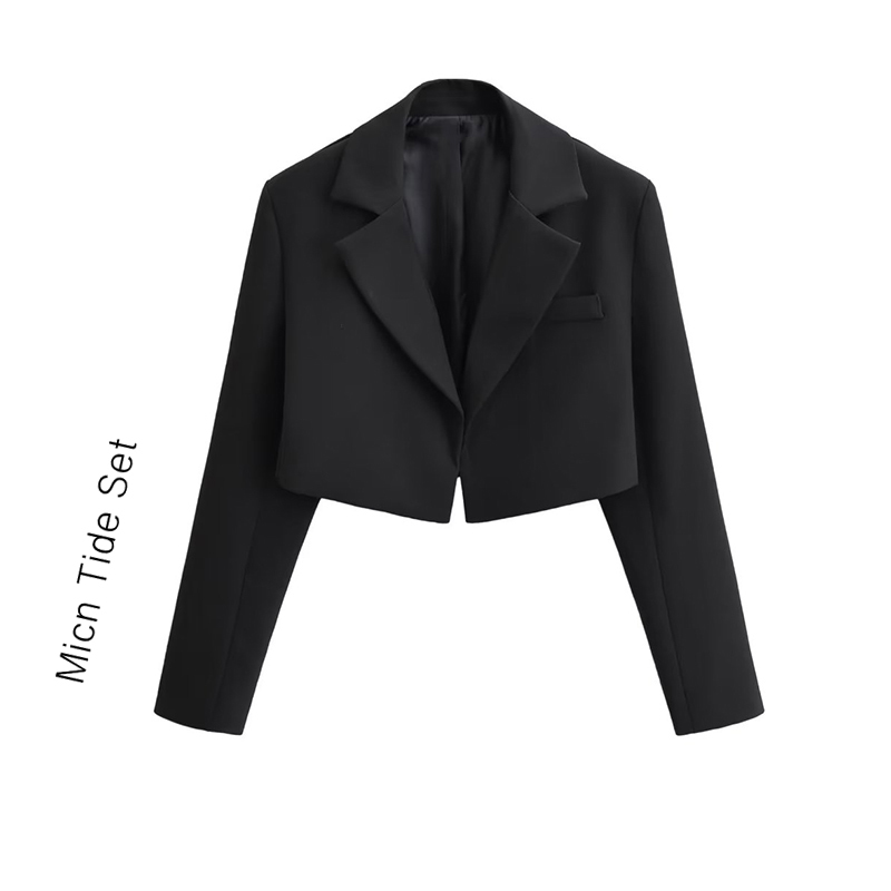 American-Style Shoulder-Padded High-End Black Buttonless Short Blazer for Women with a Unique Design and Elegant Socialite Style, High-Waisted Suit