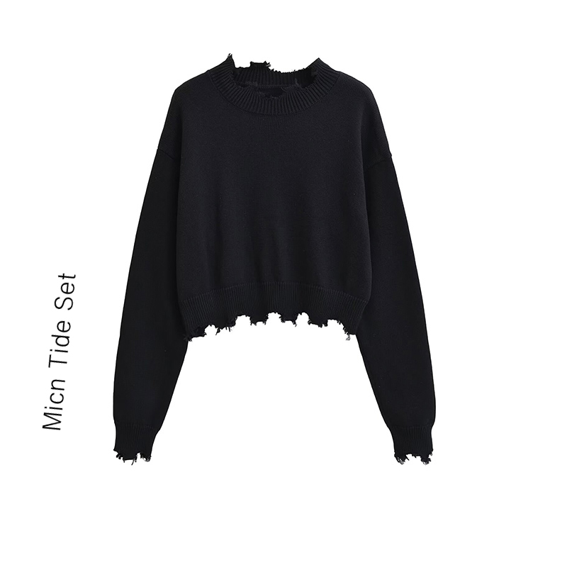 American Street Style Retro Ripped High-Waisted Short Knitted Sweater Slimming Casual Trendy Cool Girl Style Loose Short Top