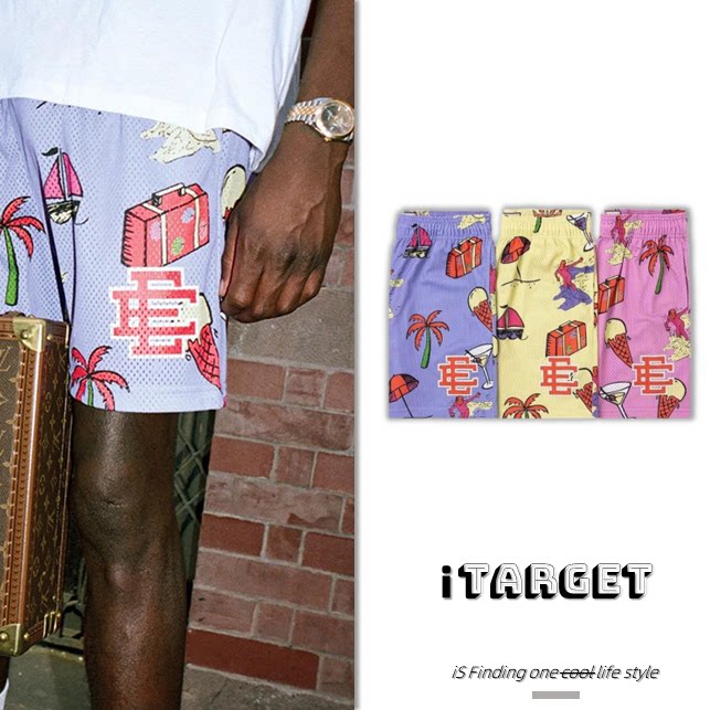 EE American style but knee shorts holiday wind shorts tide brand summer printed mesh breathable casual basketball quarter pants