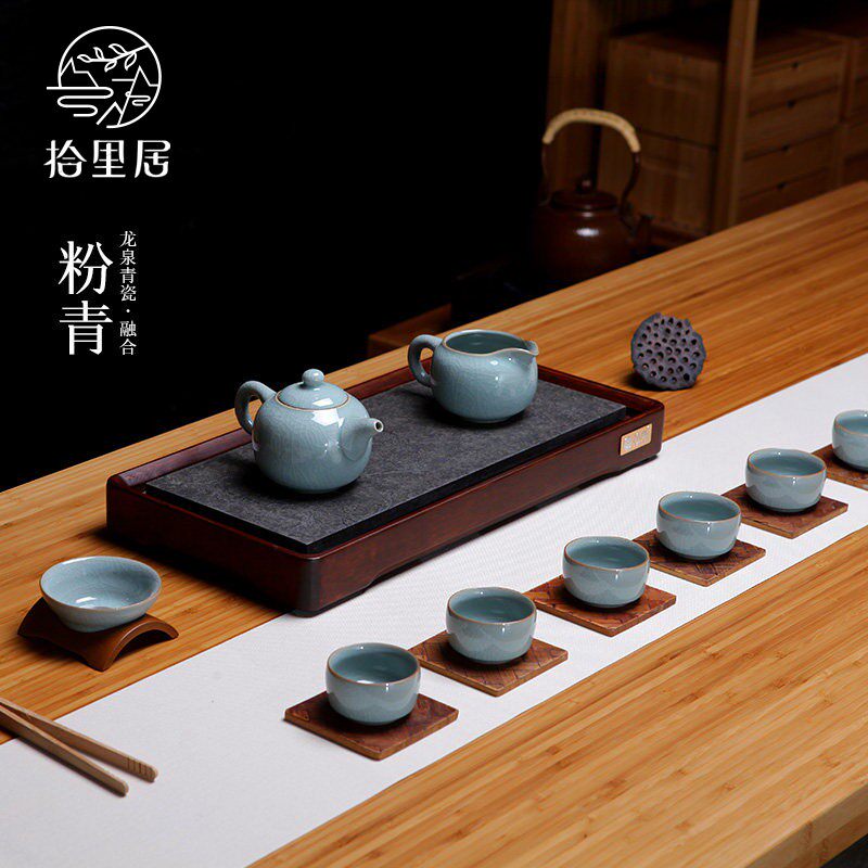 ten livable dragon springs Gaoyao Kutifu tea furniture set of green porcelain ice cracked open sheet to raise teapot tea cup upscale home