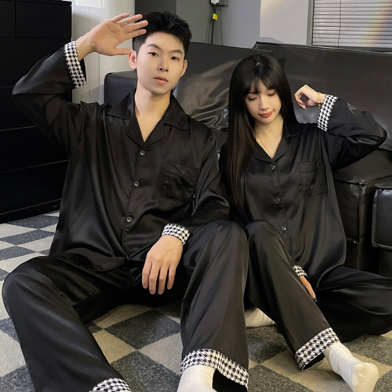 Couple's Pajamas for Women, Ice Silk Spring and Autumn Style, Long-Sleeved, Long Pants, Thin, Loose-Fitting, Black, Men's Plus Size, Oversized Loungewear