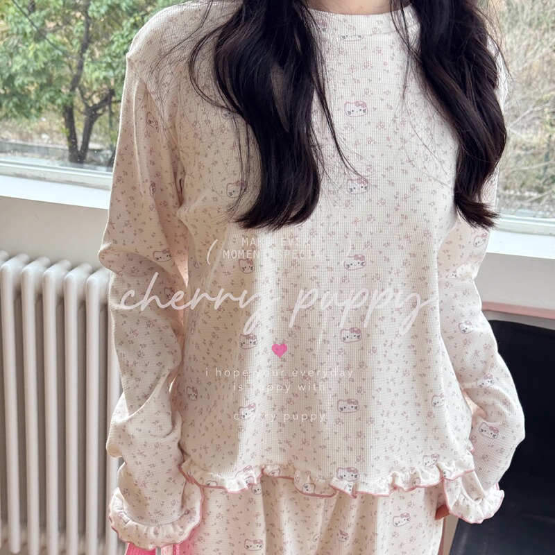 Cherry Puppy Korean-Style Waffle Knit Big-Faced Cat Cute Lace Long-Sleeve Long Pants Pajamas Loungewear for Women