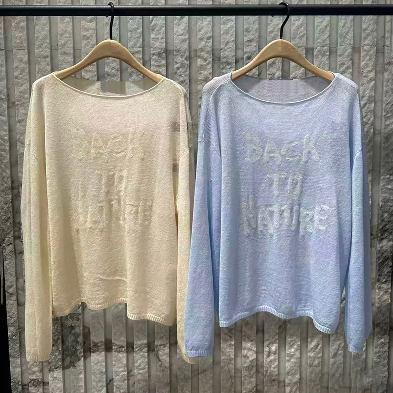 Authentic Knitwear 2026 Autumn New Product Lightweight Sheer Cotton and Linen Off-Shoulder Loose Blouse with Fringe Slogan Mbf3Swt033