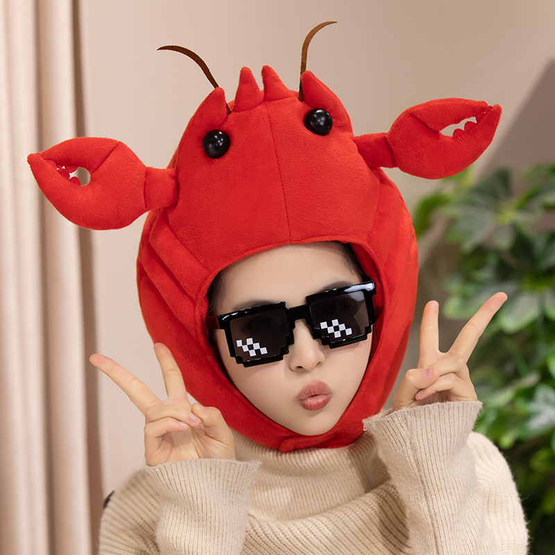 Cute and Funny Animal Crayfish Plush Headgear Hat for Adults and Children to Take Photos and Perform, Cartoon Hat Props