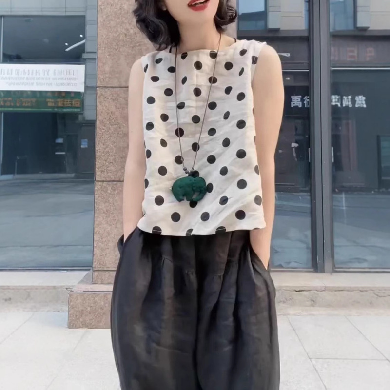 Summer Thin Breathable Versatile Fashionable Round Neck Sleeveless Polka Dot Shirt Vest Top High-Waisted Casual Pants for Women