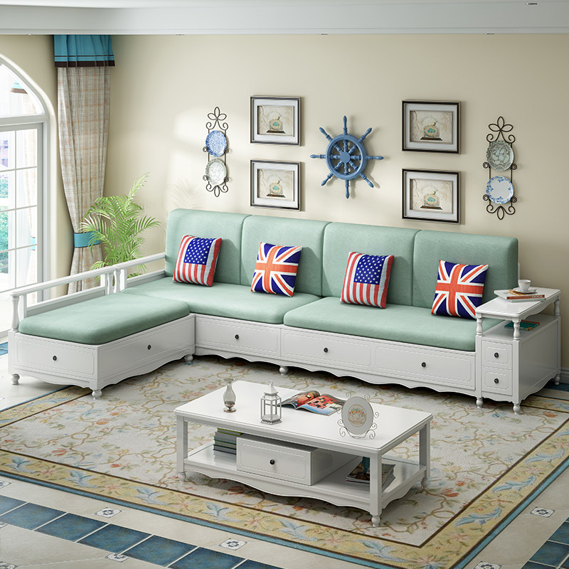 American Mediterranean solid wood fabric sofa combined winter and summer dual-use small family living room white high case storage sofa