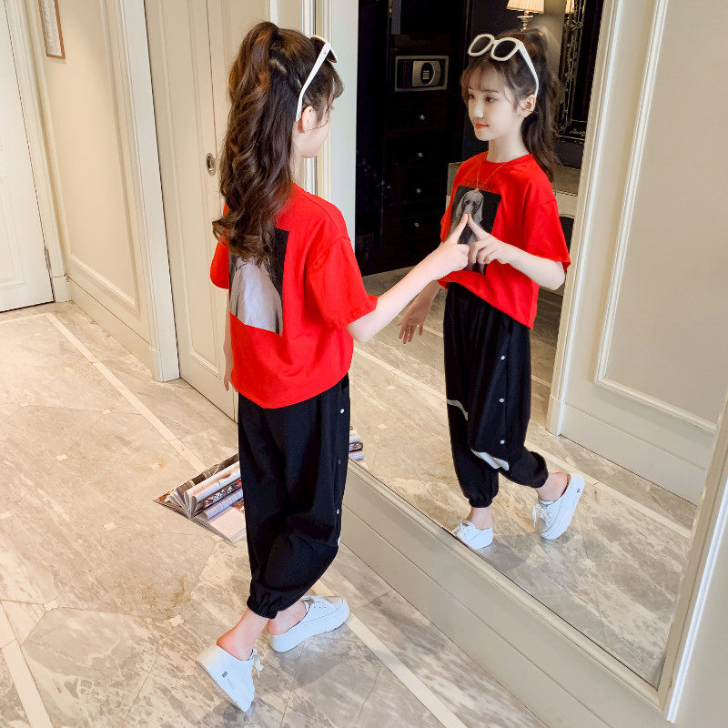 Net Red Girl Summer Clothing Suit 2022 New Foreign Pie Children 12 Year Old Girl Summer Trendy Short Sleeves Two Sets