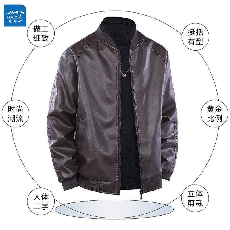 2026 Jeanswest Men's Leather Jacket with Baseball Collar, Fleece-Lined, Slim Fit, Biker Style, Sheepskin Jacket, Youth Coat, Men's Leather Jacket