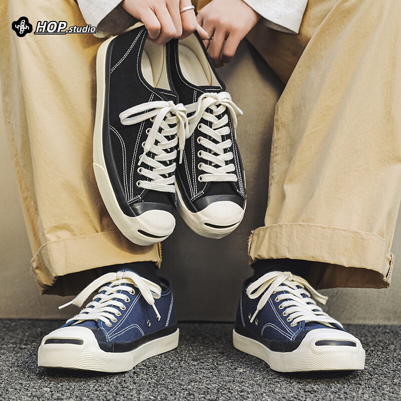 Japanese Retro Blue Open-Toe Canvas Shoes for Men, Okayama Kurehime Vulcanized Versatile Casual Commuting Sneakers