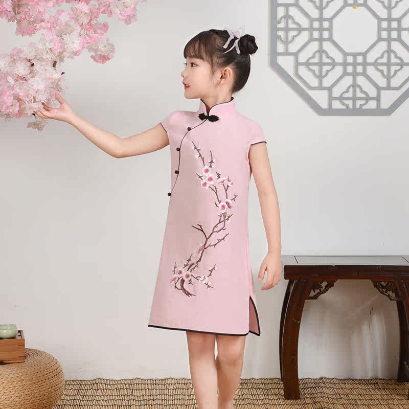 Summer New Girl Qipao Dress Woman Baby Cotton Linen Embroidered Qipao Children Qipao Woman China Wind Performance Out