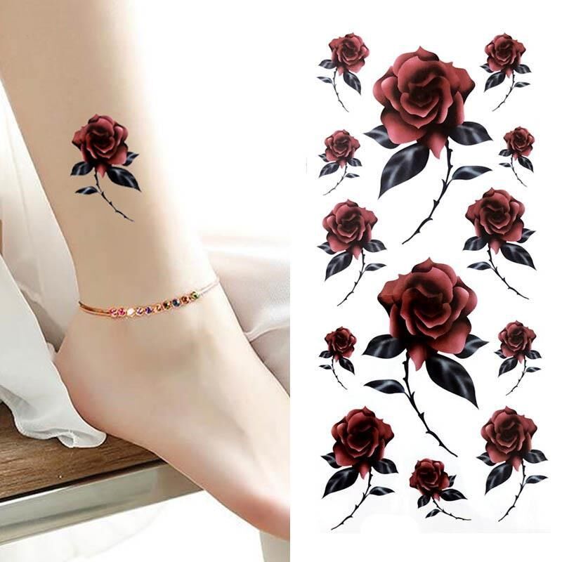 New Red Rose Flowers Colorful Flowers Meritocracy Waterproof Tattoo Sticker Paper Wrist Ankle Female lasting