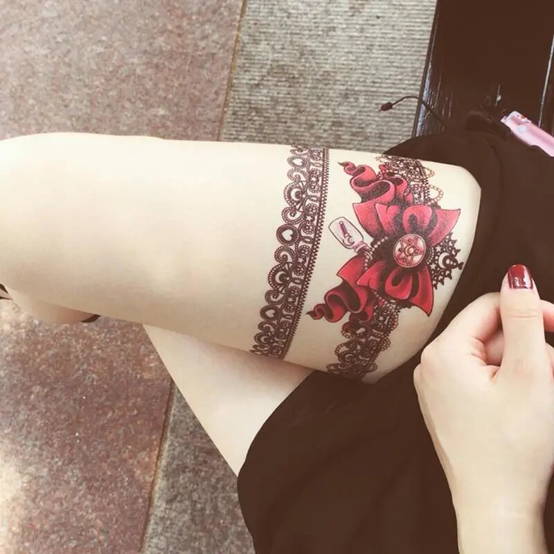 Sexy thighs black lace tattoo with waterproof lady durable simulation of Korean cute butterfly knot leg ring arm
