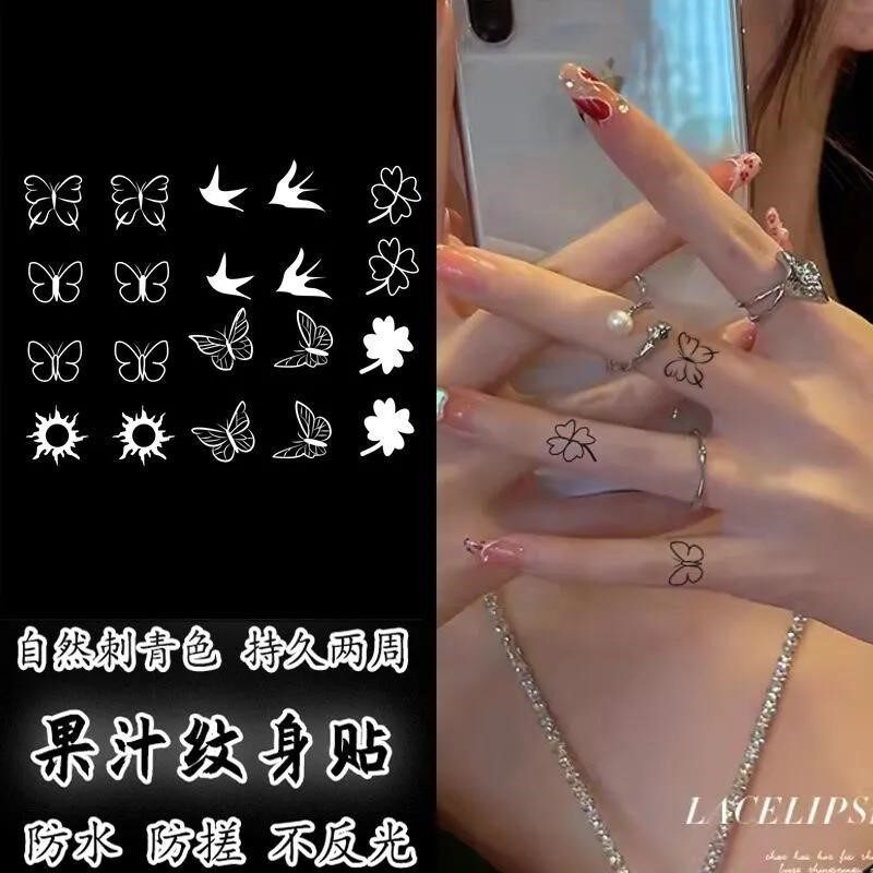 Small fresh hand collarbone small pattern grass Ben juice tattooed half waterproof not to drop color realistic stab cyan