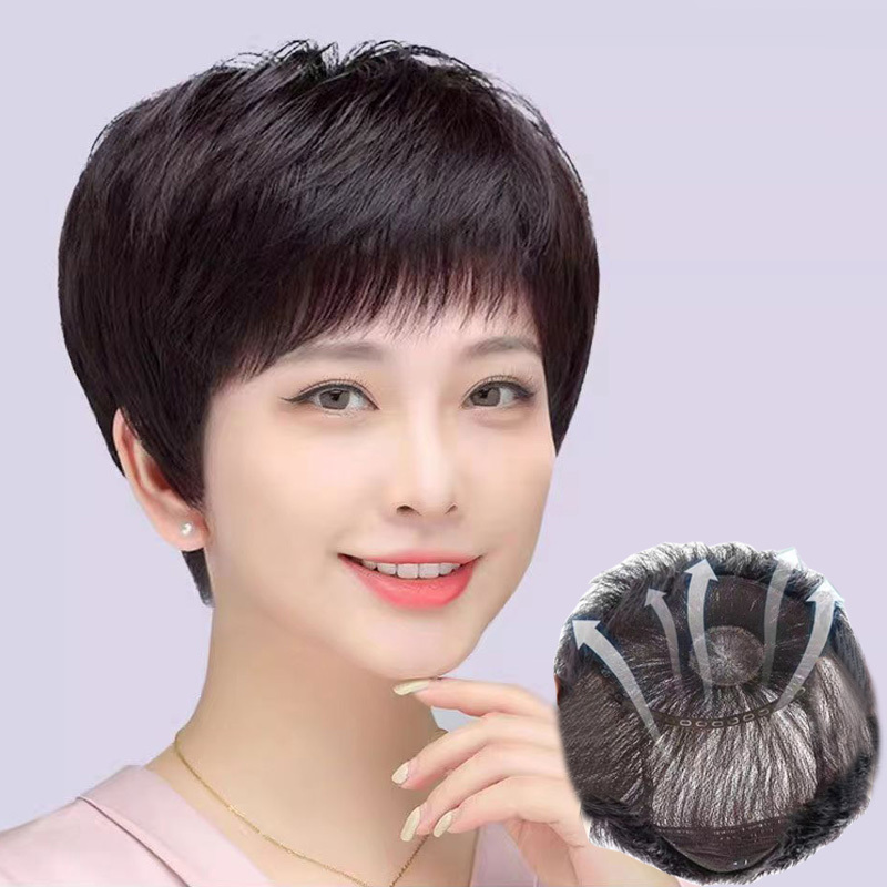 Xuchang Women's Wig, Real Human Hair, Full Head Cover, Bald Cap, Covers White Hair, Natural Bangs, Short Hair for Mothers