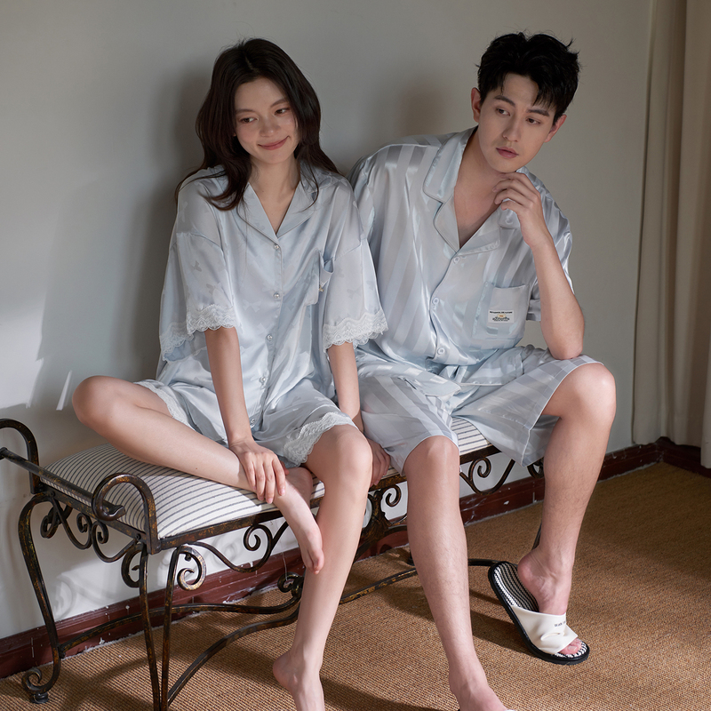 Princess Mark Couple's Ice Silk Pajamas for Women, Summer Light Luxury Lace Satin Short-Sleeved Men's Striped Cool Home Wear Princess Mark Couple's Ice Silk Pajamas for Women, Summer Light Luxury Lace Satin Short-Sleeved Men's Striped Cool Home Wear