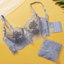 French sexy lace mesh ultra-thin perspective bra set adjustable collection of sub-milk underwear without sponge