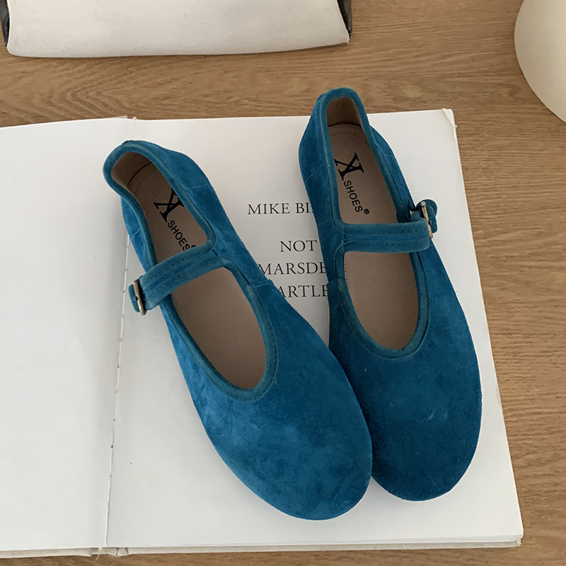 Genuine Leather Ballet Flats with Shallow Opening, Soft for Wide Feet, Matte Leather, Single Strap, French Style Granny Shoes for Women, New