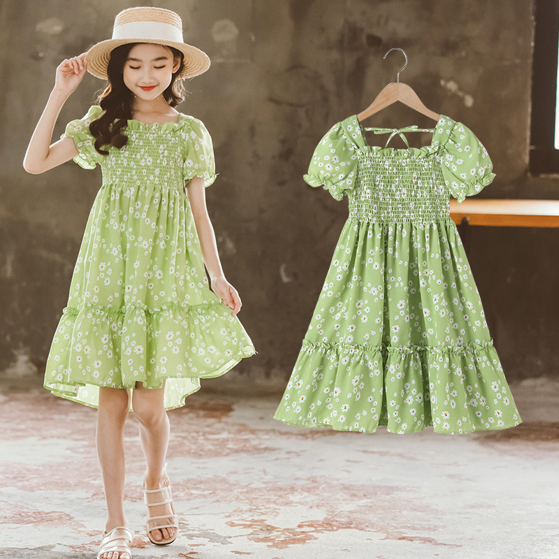 South Korea's new summer girls' chiffon dress children's suit short-sleeved floral skirt in the big boy's western style princess skirt tide
