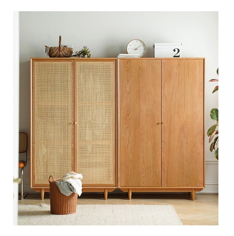 Nordic Solid Wood Wardrobe Bedroom Home Cherry Wood Closet Japanese-Style Rattan Storage Cabinet Sliding Door New Model