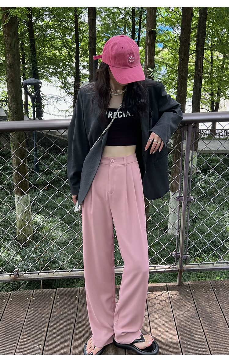 粉色阔腿裤女春秋新款高腰垂感宽松显瘦西装拖地裤夏季休闲直筒裤详情37