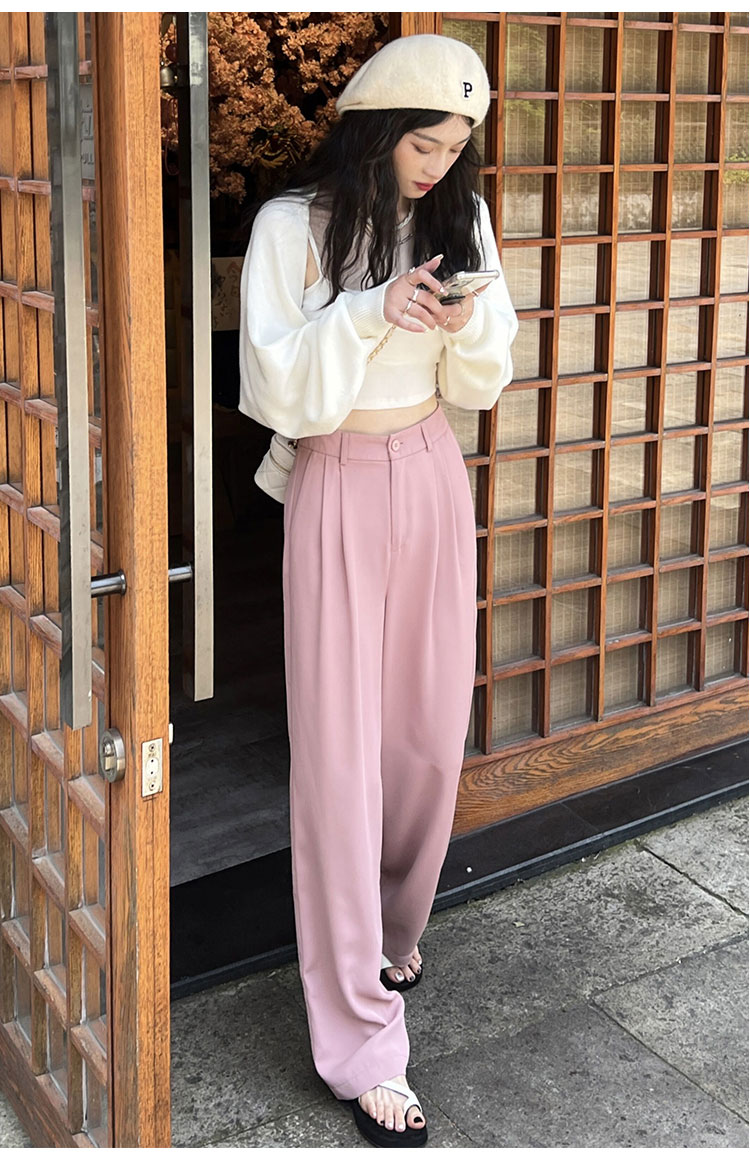 粉色阔腿裤女春秋新款高腰垂感宽松显瘦西装拖地裤夏季休闲直筒裤详情15