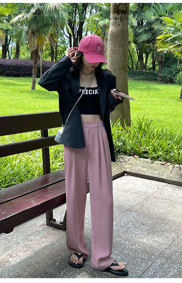 粉色阔腿裤女春秋新款高腰垂感宽松显瘦西装拖地裤夏季休闲直筒裤详情32