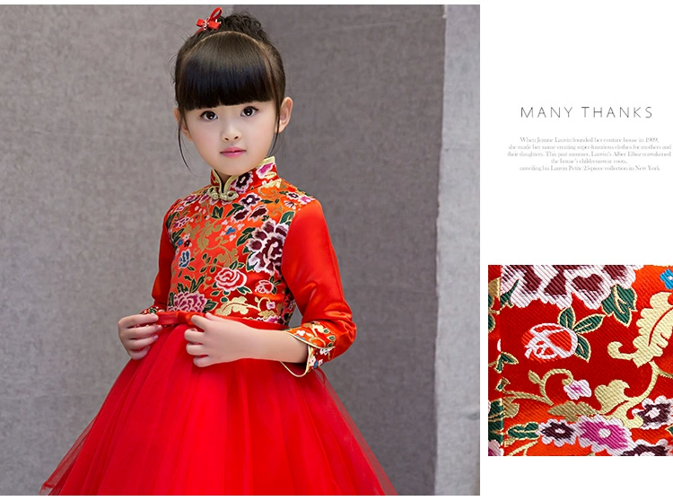 Cô gái màu đỏ Tang phù hợp với cô gái nhỏ Váy năm mới cộng với nhung dày sợi mịn trẻ em sườn xám phong cách Trung Quốc váy công chúa mùa đông - Váy trẻ em
