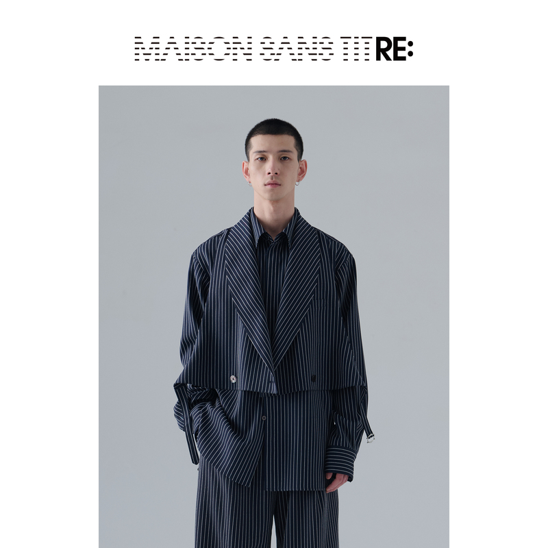 Re: by Maison Sans Titre Original Design Navy Blue Striped Double-Layer Vest Structure Shirt