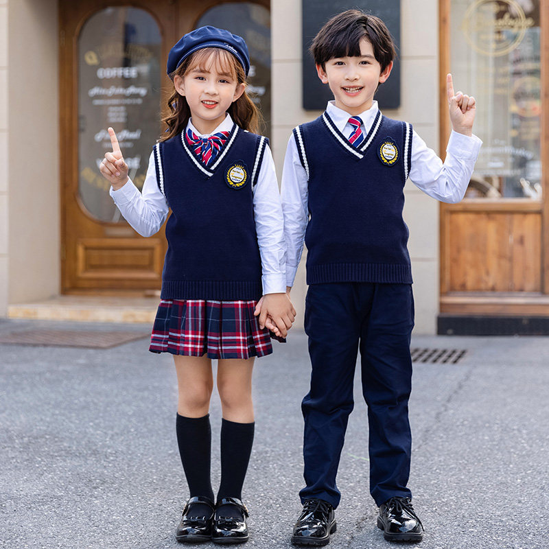 Children knit waistcoat Hide Cyan School Uniforms three sets of sweater vest male and female child students class clothes kindergarten garden clothes