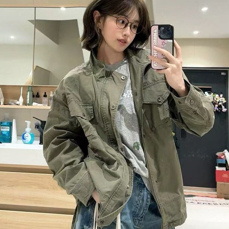 Workwear Jacket for Women 2025 Spring and Autumn New Versatile American Style Very Good-Looking Fashionable Loose Couple Stand-Up Collar Jacket Top